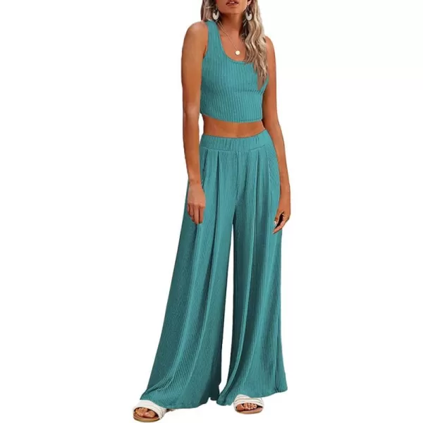 Ekouaer Womens 2 Piece Lounge Sets Ribbed Knit Crop Top Wide Leg Pants with Pockets SXXLSleeveless Dark Teal Green