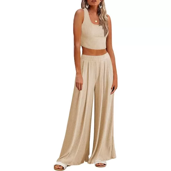 Ekouaer Womens 2 Piece Lounge Sets Ribbed Knit Crop Top Wide Leg Pants with Pockets SXXLSleeveless Khaki