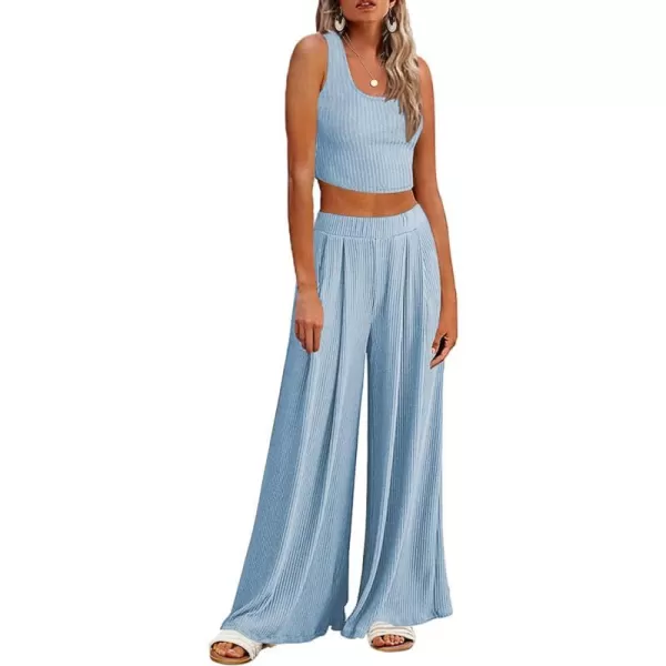 Ekouaer Womens 2 Piece Lounge Sets Ribbed Knit Crop Top Wide Leg Pants with Pockets SXXLSleeveless Light Blue