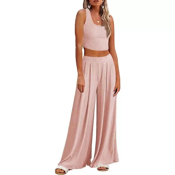 Ekouaer Womens 2 Piece Lounge Sets Ribbed Knit Crop Top Wide Leg Pants with Pockets SXXLSleeveless Light Pink