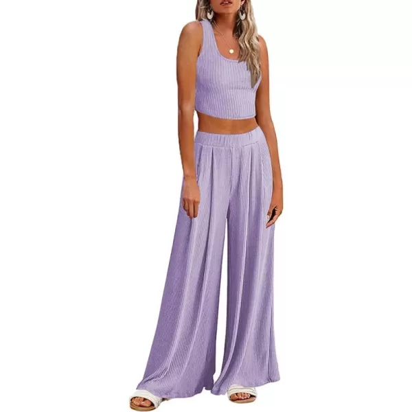 Ekouaer Womens 2 Piece Lounge Sets Ribbed Knit Crop Top Wide Leg Pants with Pockets SXXLSleeveless Lilac