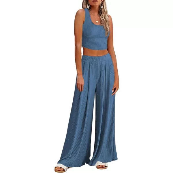 Ekouaer Womens 2 Piece Lounge Sets Ribbed Knit Crop Top Wide Leg Pants with Pockets SXXLSleeveless Navy Blue