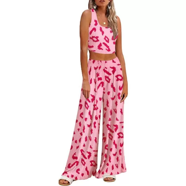 Ekouaer Womens 2 Piece Lounge Sets Ribbed Knit Crop Top Wide Leg Pants with Pockets SXXLSleeveless Pink Leopard