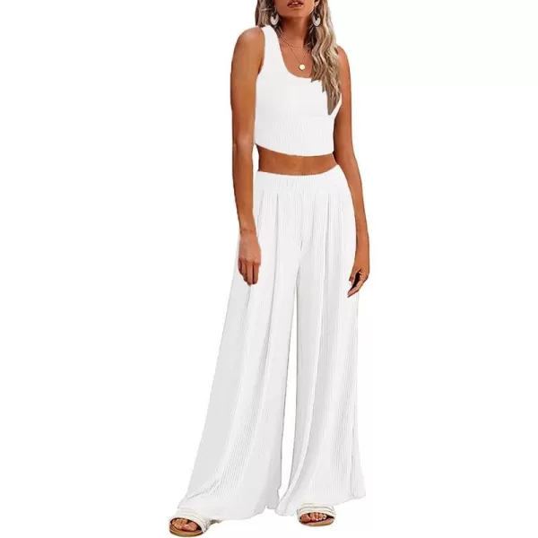 Ekouaer Womens 2 Piece Lounge Sets Ribbed Knit Crop Top Wide Leg Pants with Pockets SXXLSleeveless White