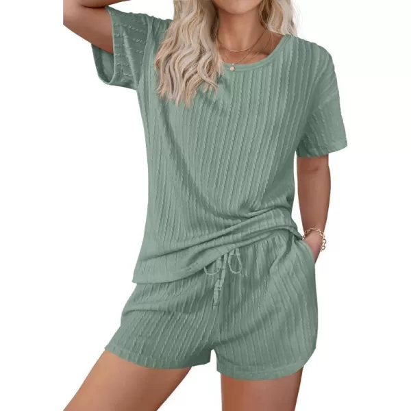 Ekouaer Womens 2 Piece Lounge Sets Ribbed Knit Matching Outfits Tshirt and Shorts Sets Sleepwear Loungewear Casual Pajamas1green