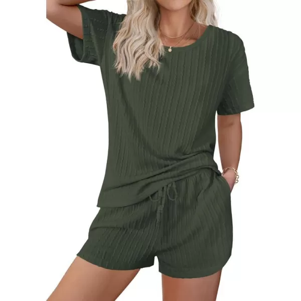 Ekouaer Womens 2 Piece Lounge Sets Ribbed Knit Matching Outfits Tshirt and Shorts Sets Sleepwear Loungewear Casual PajamasArmy Green