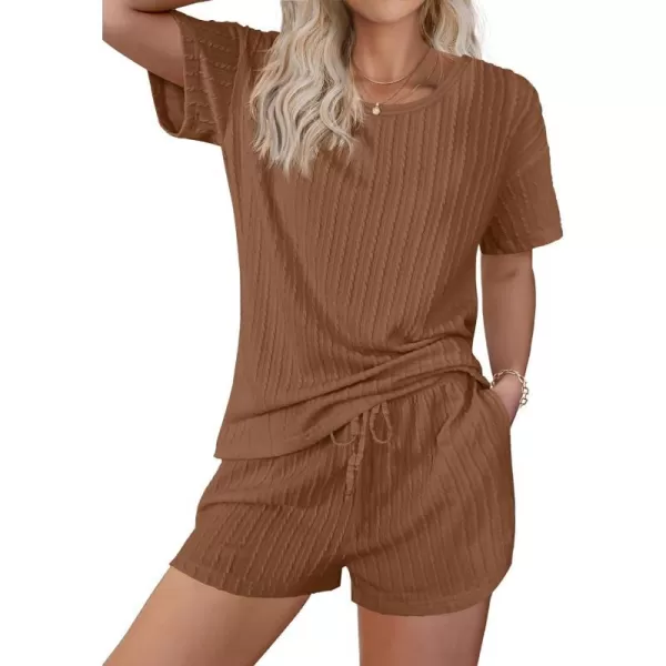 Ekouaer Womens 2 Piece Lounge Sets Ribbed Knit Matching Outfits Tshirt and Shorts Sets Sleepwear Loungewear Casual PajamasBrown