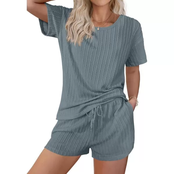 Ekouaer Womens 2 Piece Lounge Sets Ribbed Knit Matching Outfits Tshirt and Shorts Sets Sleepwear Loungewear Casual PajamasDark Blue