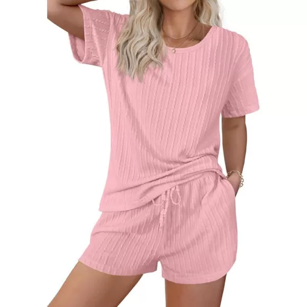 Ekouaer Womens 2 Piece Lounge Sets Ribbed Knit Matching Outfits Tshirt and Shorts Sets Sleepwear Loungewear Casual PajamasPink