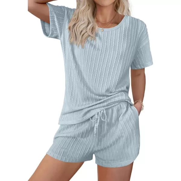 Ekouaer Womens 2 Piece Lounge Sets Ribbed Knit Matching Outfits Tshirt and Shorts Sets Sleepwear Loungewear Casual PajamasSky Blue