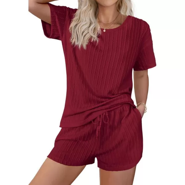 Ekouaer Womens 2 Piece Lounge Sets Ribbed Knit Matching Outfits Tshirt and Shorts Sets Sleepwear Loungewear Casual PajamasWine Red