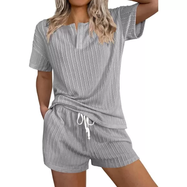 Ekouaer Womens 2 Piece Lounge Sets Ribbed Knit Pajama Tops Sleepwear Sweatsuits Matching Shorts with PocketsGrey