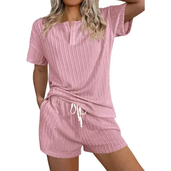 Ekouaer Womens 2 Piece Lounge Sets Ribbed Knit Pajama Tops Sleepwear Sweatsuits Matching Shorts with PocketsPink