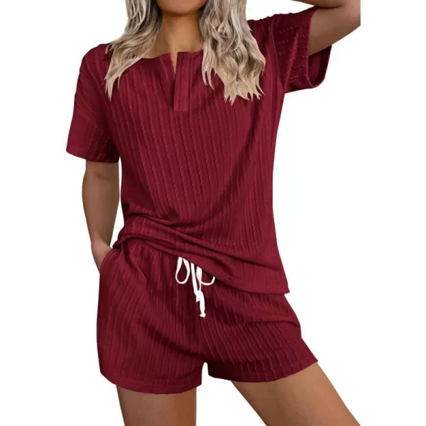 Ekouaer Womens 2 Piece Lounge Sets Ribbed Knit Pajama Tops Sleepwear Sweatsuits Matching Shorts with PocketsWine Red