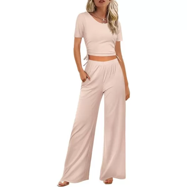 Ekouaer Womens 2 Piece Pajama Set Ribbed Knit Short Sleeve Lounge Set Crop Top Wide Leg Pant Pocket SXXLBcream