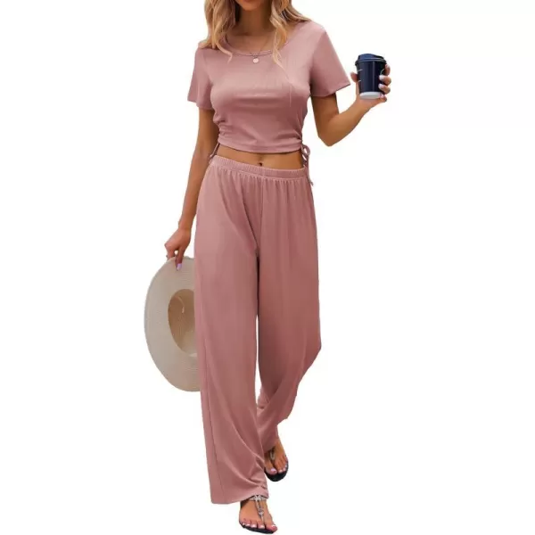 Ekouaer Womens 2 Piece Pajama Set Ribbed Knit Short Sleeve Lounge Set Crop Top Wide Leg Pant Pocket SXXLBdusty Rose