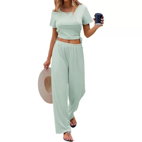 Ekouaer Womens 2 Piece Pajama Set Ribbed Knit Short Sleeve Lounge Set Crop Top Wide Leg Pant Pocket SXXLBlight Green