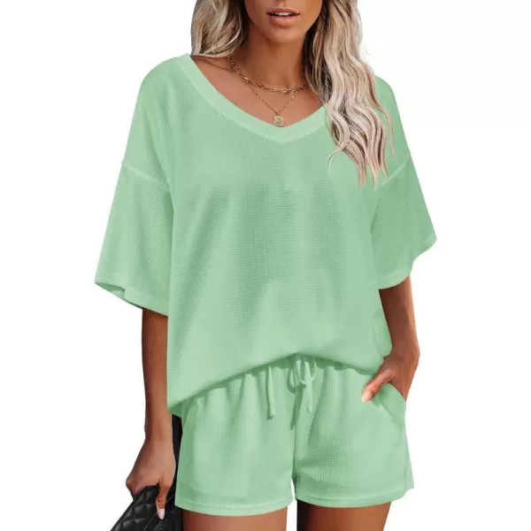 Ekouaer Womens 2 Piece Short Sleeve Waffle Knit Pajama Sets V Neck Off Shoulder Sleepwear Casual Loose Fit Sweatsuit OutfitsLight Green