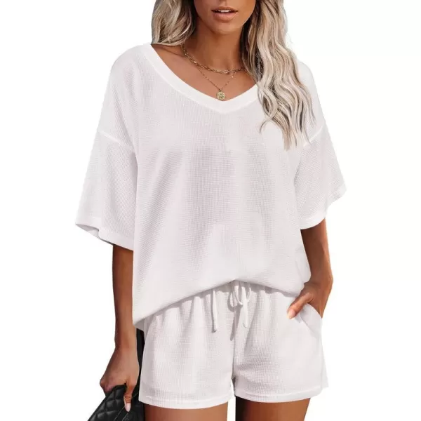 Ekouaer Womens 2 Piece Short Sleeve Waffle Knit Pajama Sets V Neck Off Shoulder Sleepwear Casual Loose Fit Sweatsuit OutfitsWhite