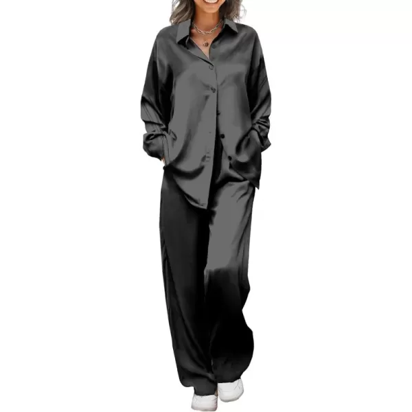 Ekouaer Womens 2 Piece Silk Satin Pajama Set Long Sleeve Lounge Sets Button Down Shirts and Pants PJs Soft Sleepwear SetsBlack