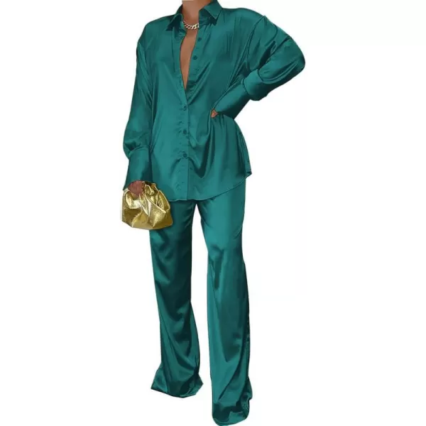 Ekouaer Womens 2 Piece Silk Satin Pajama Set Long Sleeve Lounge Sets Button Down Shirts and Pants PJs Soft Sleepwear SetsBlue Green