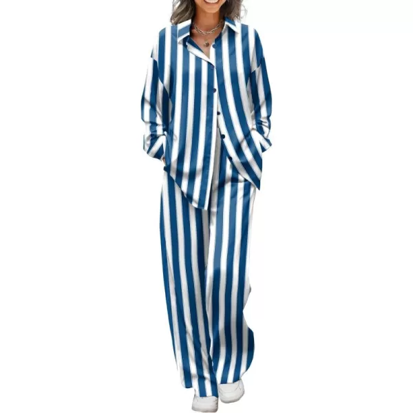 Ekouaer Womens 2 Piece Silk Satin Pajama Set Long Sleeve Lounge Sets Button Down Shirts and Pants PJs Soft Sleepwear SetsBlue White Stripes