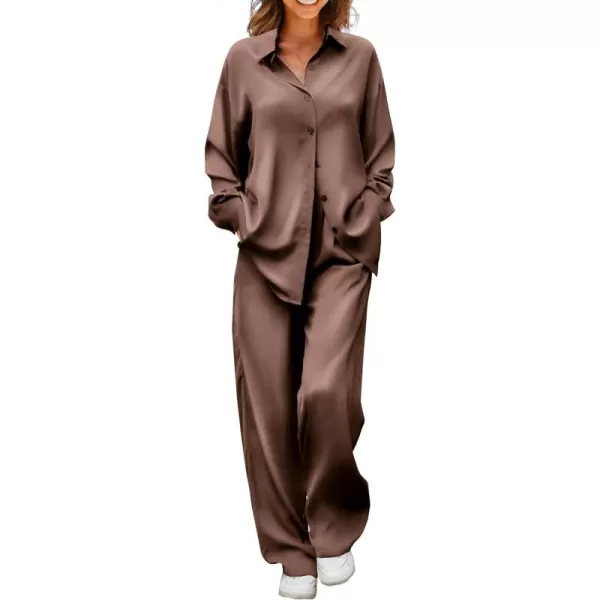 Ekouaer Womens 2 Piece Silk Satin Pajama Set Long Sleeve Lounge Sets Button Down Shirts and Pants PJs Soft Sleepwear SetsBrown