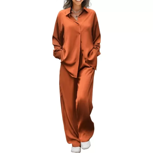 Ekouaer Womens 2 Piece Silk Satin Pajama Set Long Sleeve Lounge Sets Button Down Shirts and Pants PJs Soft Sleepwear SetsCaramel