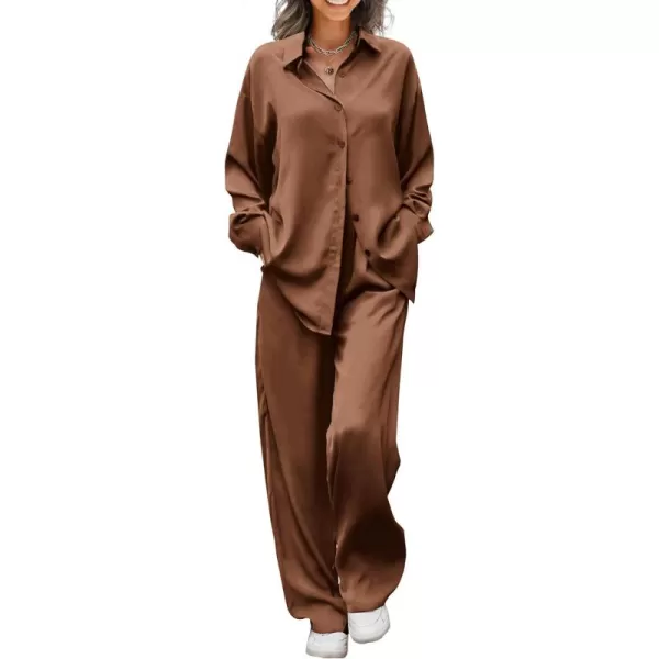 Ekouaer Womens 2 Piece Silk Satin Pajama Set Long Sleeve Lounge Sets Button Down Shirts and Pants PJs Soft Sleepwear SetsClay