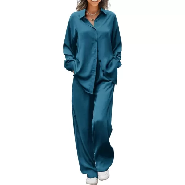 Ekouaer Womens 2 Piece Silk Satin Pajama Set Long Sleeve Lounge Sets Button Down Shirts and Pants PJs Soft Sleepwear SetsDark Blue