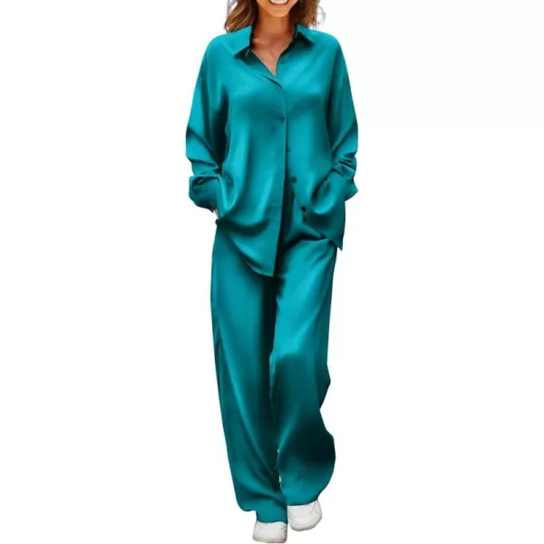 Ekouaer Womens 2 Piece Silk Satin Pajama Set Long Sleeve Lounge Sets Button Down Shirts and Pants PJs Soft Sleepwear SetsDark Peacock Blue