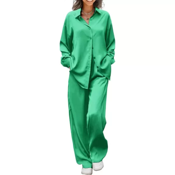 Ekouaer Womens 2 Piece Silk Satin Pajama Set Long Sleeve Lounge Sets Button Down Shirts and Pants PJs Soft Sleepwear SetsGreen