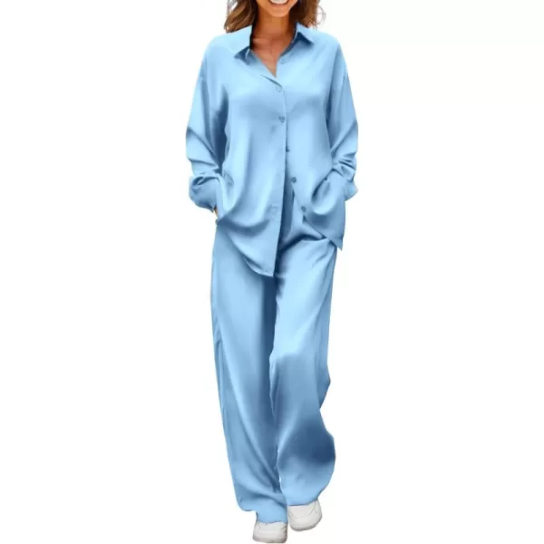 Ekouaer Womens 2 Piece Silk Satin Pajama Set Long Sleeve Lounge Sets Button Down Shirts and Pants PJs Soft Sleepwear SetsLight Blue