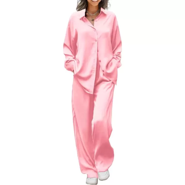 Ekouaer Womens 2 Piece Silk Satin Pajama Set Long Sleeve Lounge Sets Button Down Shirts and Pants PJs Soft Sleepwear SetsPink