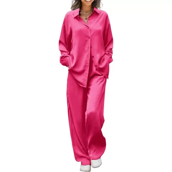 Ekouaer Womens 2 Piece Silk Satin Pajama Set Long Sleeve Lounge Sets Button Down Shirts and Pants PJs Soft Sleepwear SetsRose Red