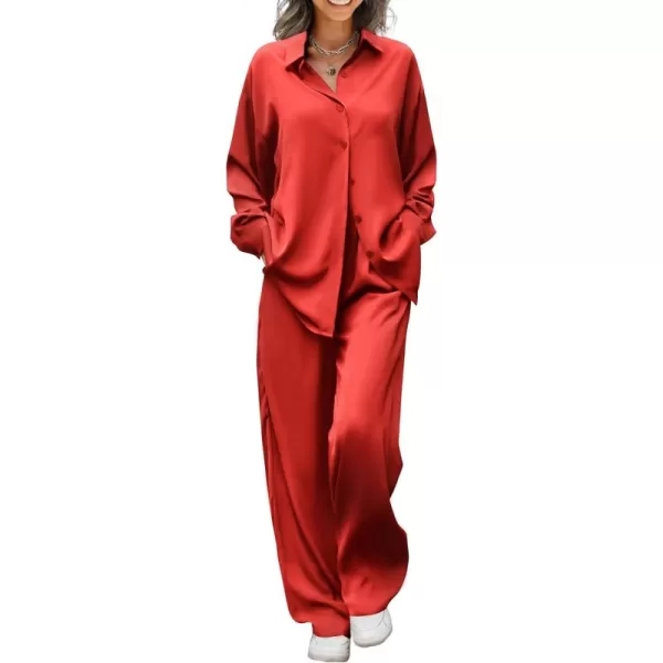 Ekouaer Womens 2 Piece Silk Satin Pajama Set Long Sleeve Lounge Sets Button Down Shirts and Pants PJs Soft Sleepwear SetsTrue Red