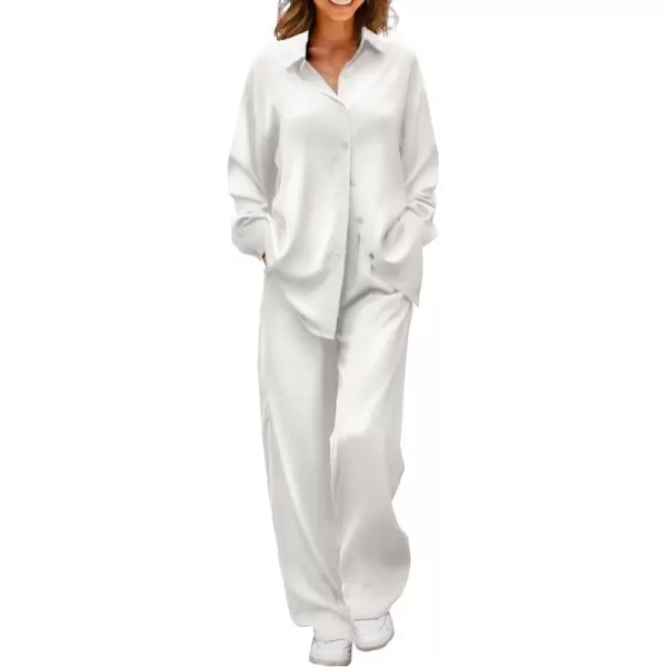 Ekouaer Womens 2 Piece Silk Satin Pajama Set Long Sleeve Lounge Sets Button Down Shirts and Pants PJs Soft Sleepwear SetsWhite