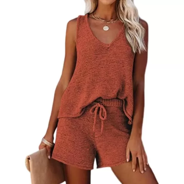 Ekouaer Womens 2023 Fashion Knit Pajama Set 2 Piece Outfits VNeck Sleeveless Tank Top and Drawstring Shorts Lounge Set01 Fire Brick Red