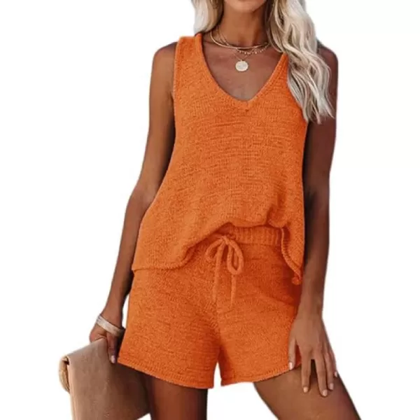 Ekouaer Womens 2023 Fashion Knit Pajama Set 2 Piece Outfits VNeck Sleeveless Tank Top and Drawstring Shorts Lounge Set01 Orange