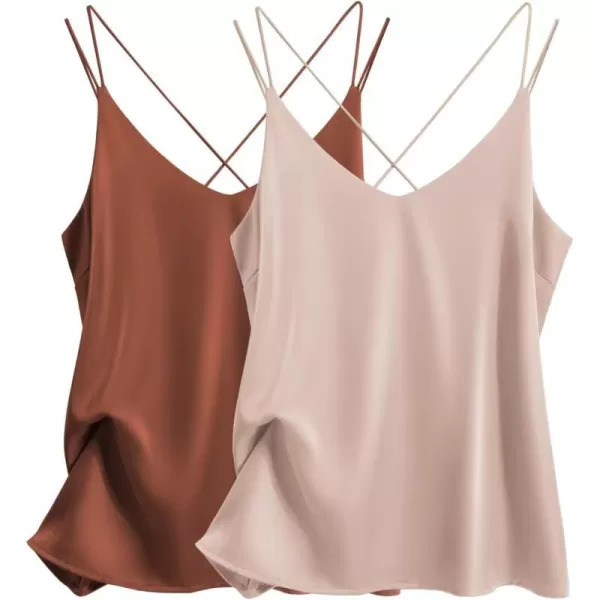 Ekouaer Womens 2Pack Silk Satin Camisole Tank Top V Neck Sexy Cross Back Spaghetti Strap Cami Sleeveless Lounge Tops2 Pack 01 Caramelchampagne