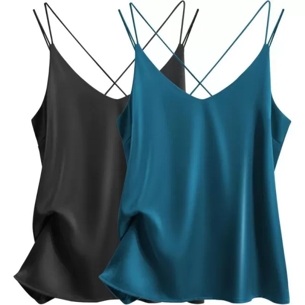 Ekouaer Womens 2Pack Silk Satin Camisole Tank Top V Neck Sexy Cross Back Spaghetti Strap Cami Sleeveless Lounge Tops2 Pack Blackblue Green