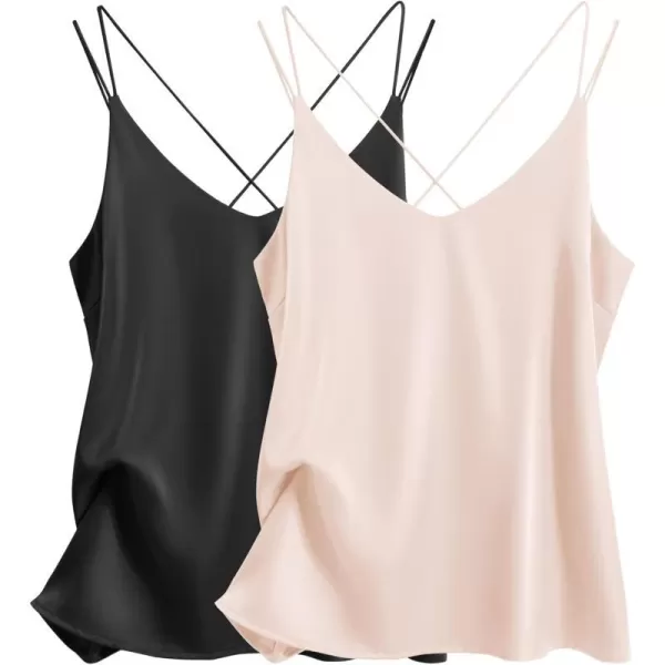 Ekouaer Womens 2Pack Silk Satin Camisole Tank Top V Neck Sexy Cross Back Spaghetti Strap Cami Sleeveless Lounge Tops2 Pack Blackchampagne