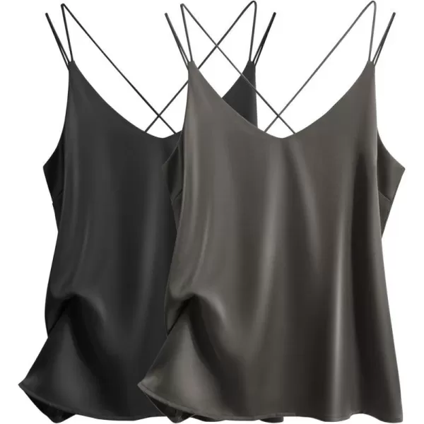 Ekouaer Womens 2Pack Silk Satin Camisole Tank Top V Neck Sexy Cross Back Spaghetti Strap Cami Sleeveless Lounge Tops2 Pack Blackdark Grey