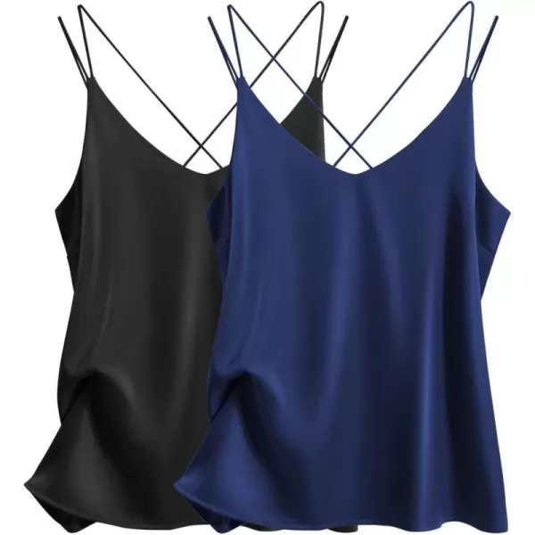 Ekouaer Womens 2Pack Silk Satin Camisole Tank Top V Neck Sexy Cross Back Spaghetti Strap Cami Sleeveless Lounge Tops2 Pack Blacknavy Blue