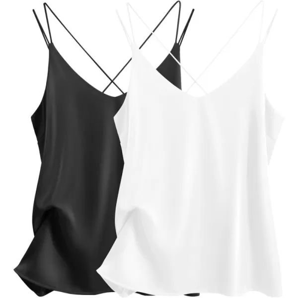 Ekouaer Womens 2Pack Silk Satin Camisole Tank Top V Neck Sexy Cross Back Spaghetti Strap Cami Sleeveless Lounge Tops2 Pack Blackwhite