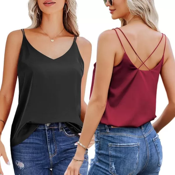 Ekouaer Womens 2Pack Silk Satin Camisole Tank Top V Neck Sexy Cross Back Spaghetti Strap Cami Sleeveless Lounge Tops2 Pack Blackwine Red