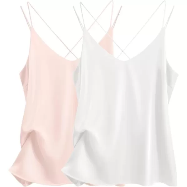 Ekouaer Womens 2Pack Silk Satin Camisole Tank Top V Neck Sexy Cross Back Spaghetti Strap Cami Sleeveless Lounge Tops2 Pack Champagnewhite