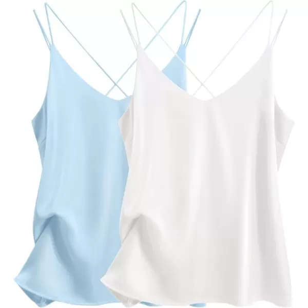 Ekouaer Womens 2Pack Silk Satin Camisole Tank Top V Neck Sexy Cross Back Spaghetti Strap Cami Sleeveless Lounge Tops2 Pack Light Bluewhite