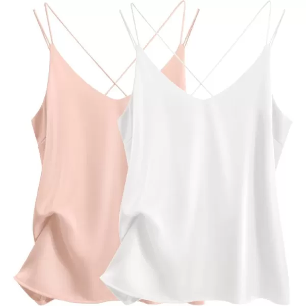 Ekouaer Womens 2Pack Silk Satin Camisole Tank Top V Neck Sexy Cross Back Spaghetti Strap Cami Sleeveless Lounge Tops2 Pack Light Pinkwhite