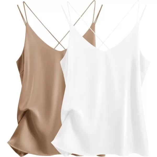 Ekouaer Womens 2Pack Silk Satin Camisole Tank Top V Neck Sexy Cross Back Spaghetti Strap Cami Sleeveless Lounge Tops2 Pack Whitekhaki